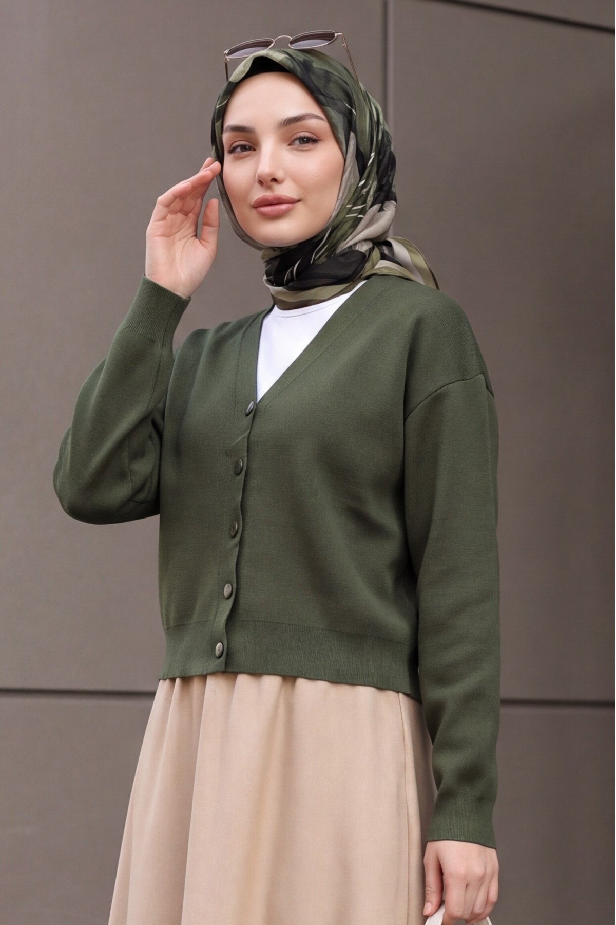 V-Neck Button-Front Knit Cardigan -Khaki