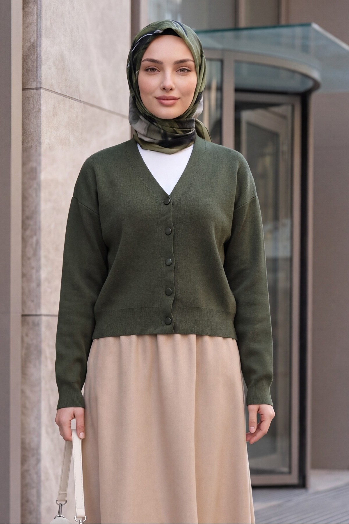 V-Neck Button-Front Knit Cardigan -Khaki