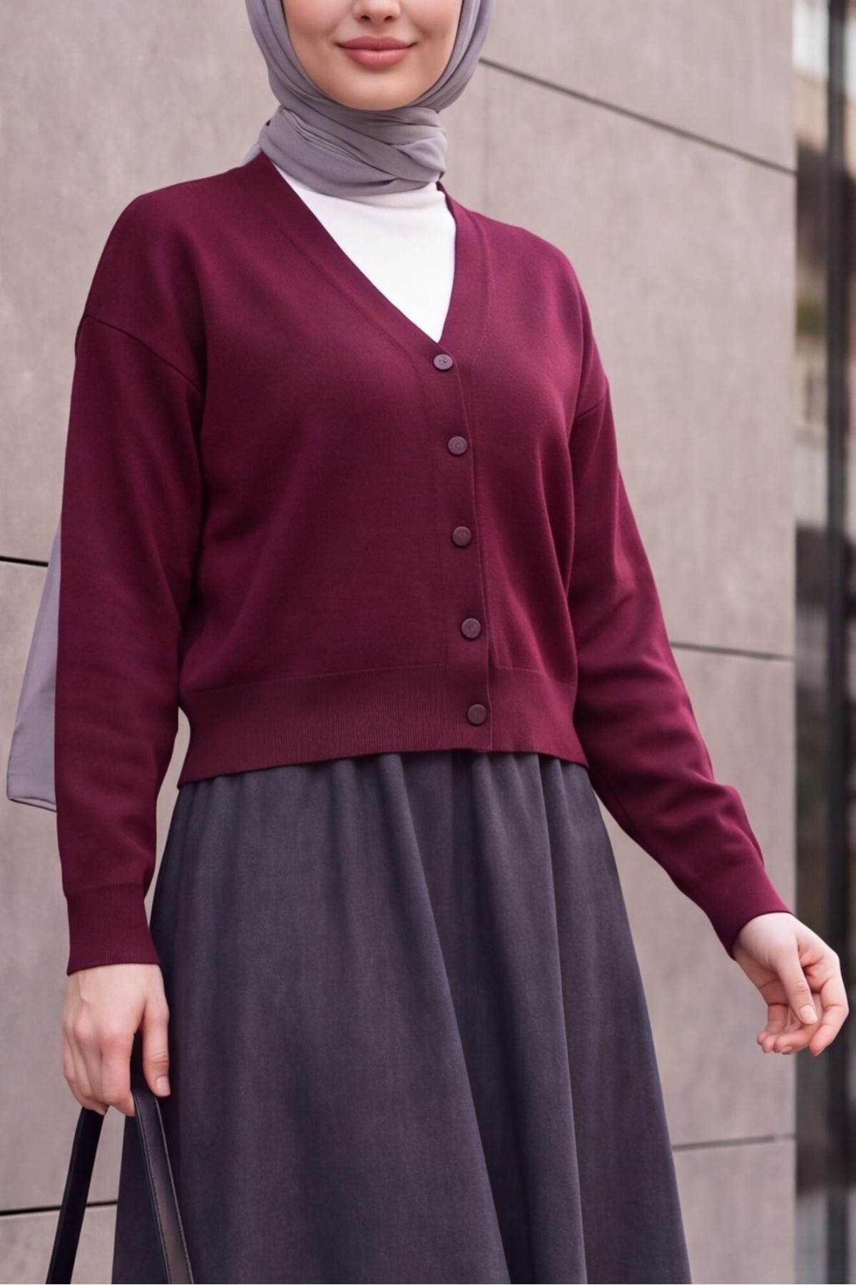 V-Neck Button-Front Knit Cardigan -Damson