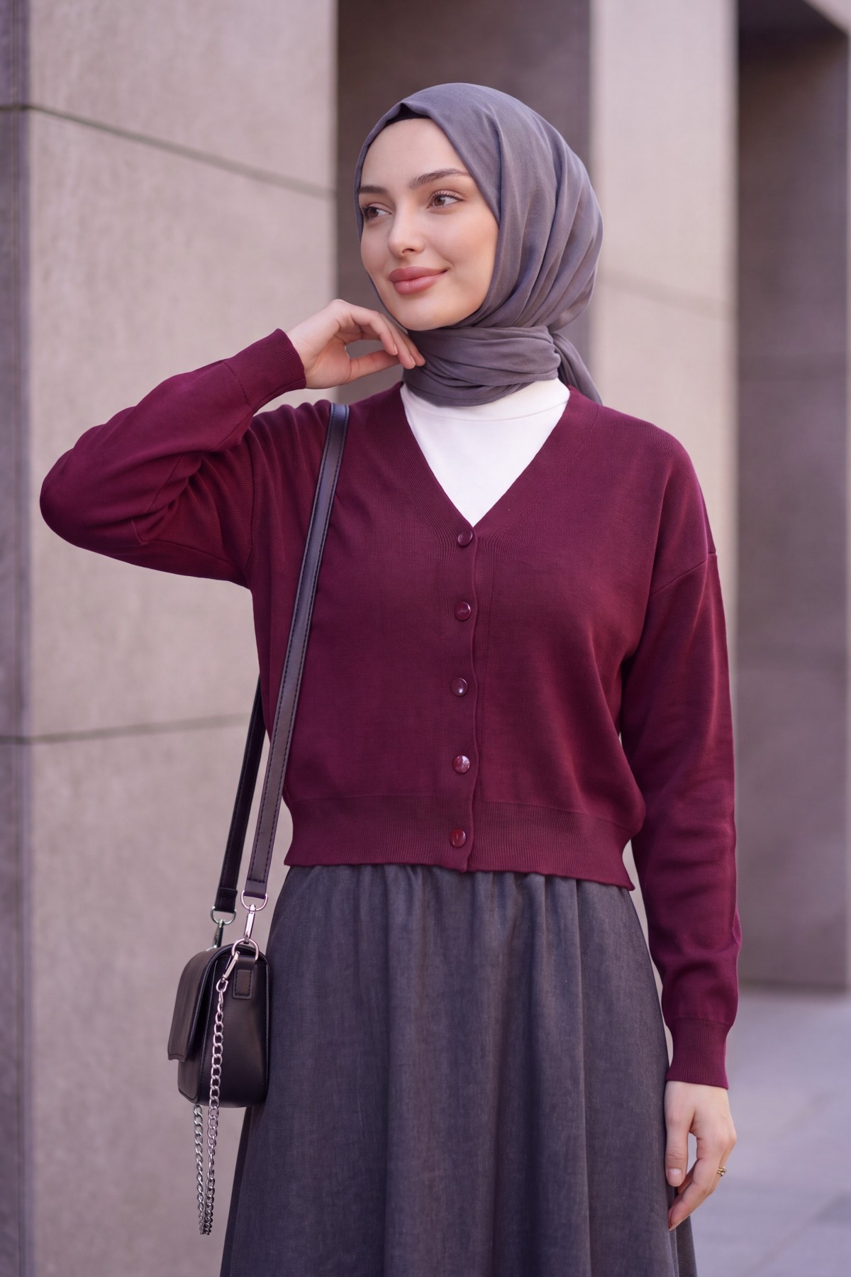 V-Neck Button-Front Knit Cardigan -Damson