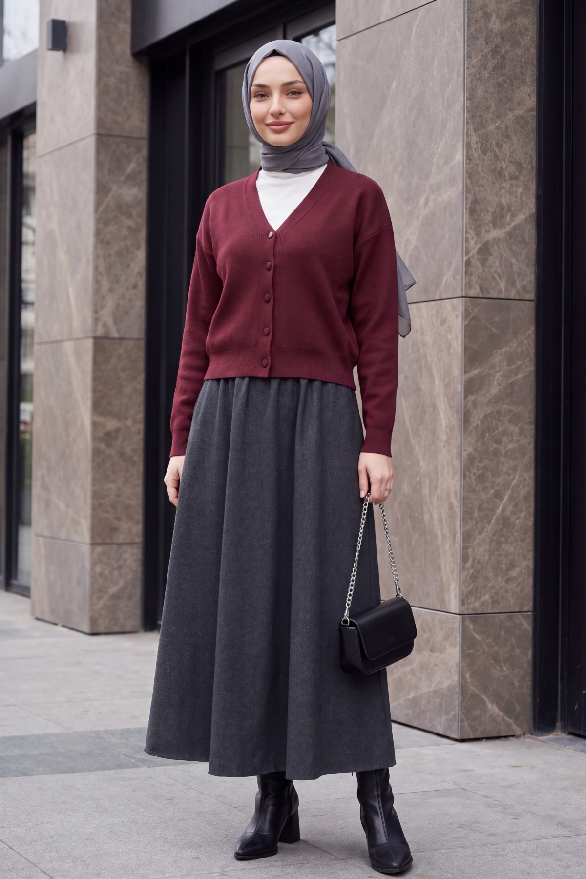 V-Neck Button-Front Knit Cardigan -Damson