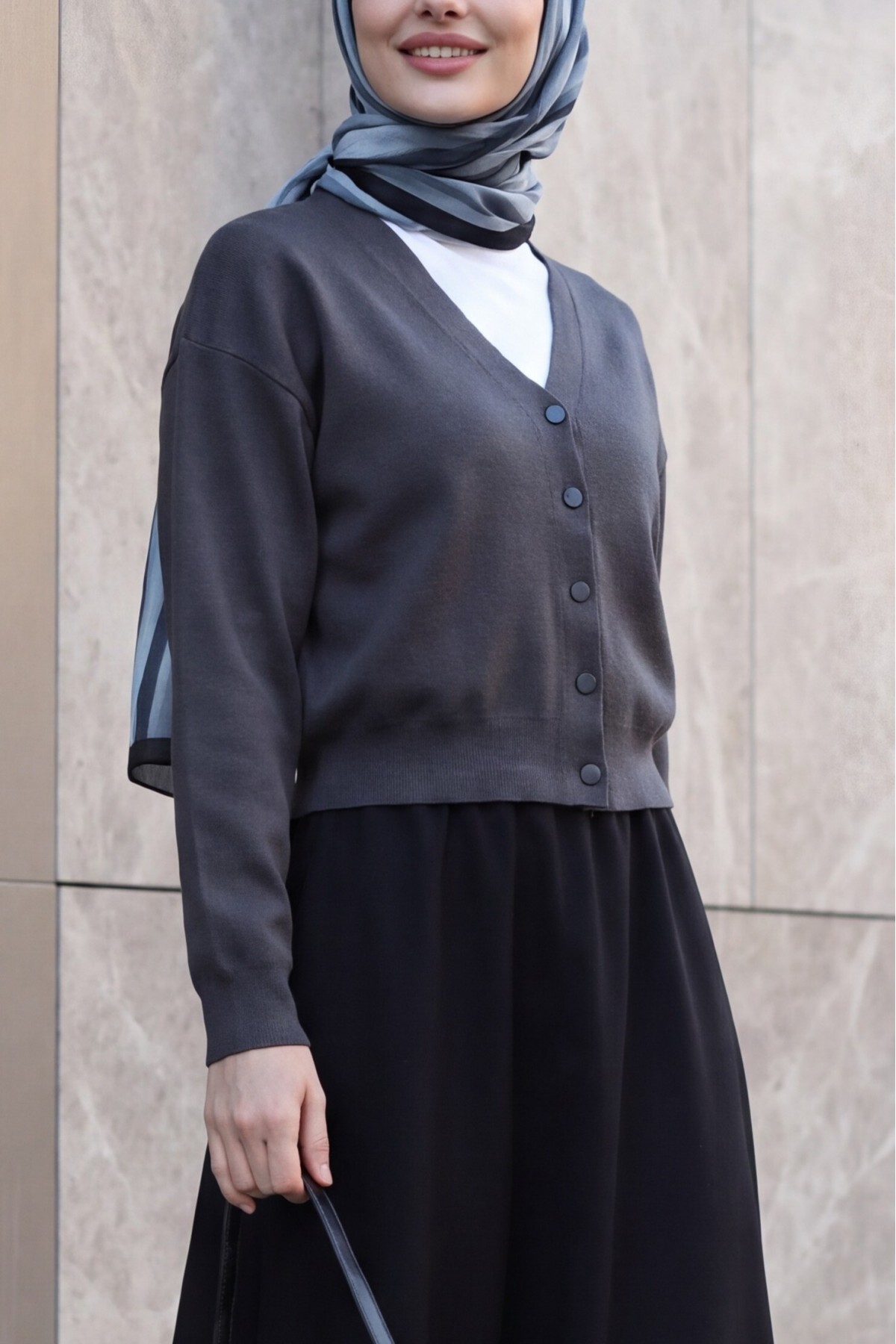 V-Neck Button-Front Knit Cardigan -Smoked 