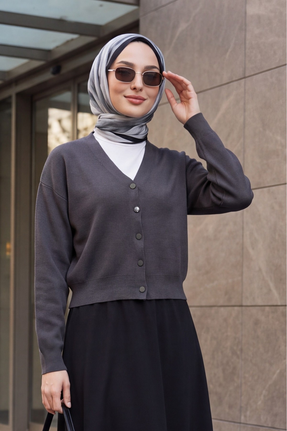 V-Neck Button-Front Knit Cardigan -Smoked 
