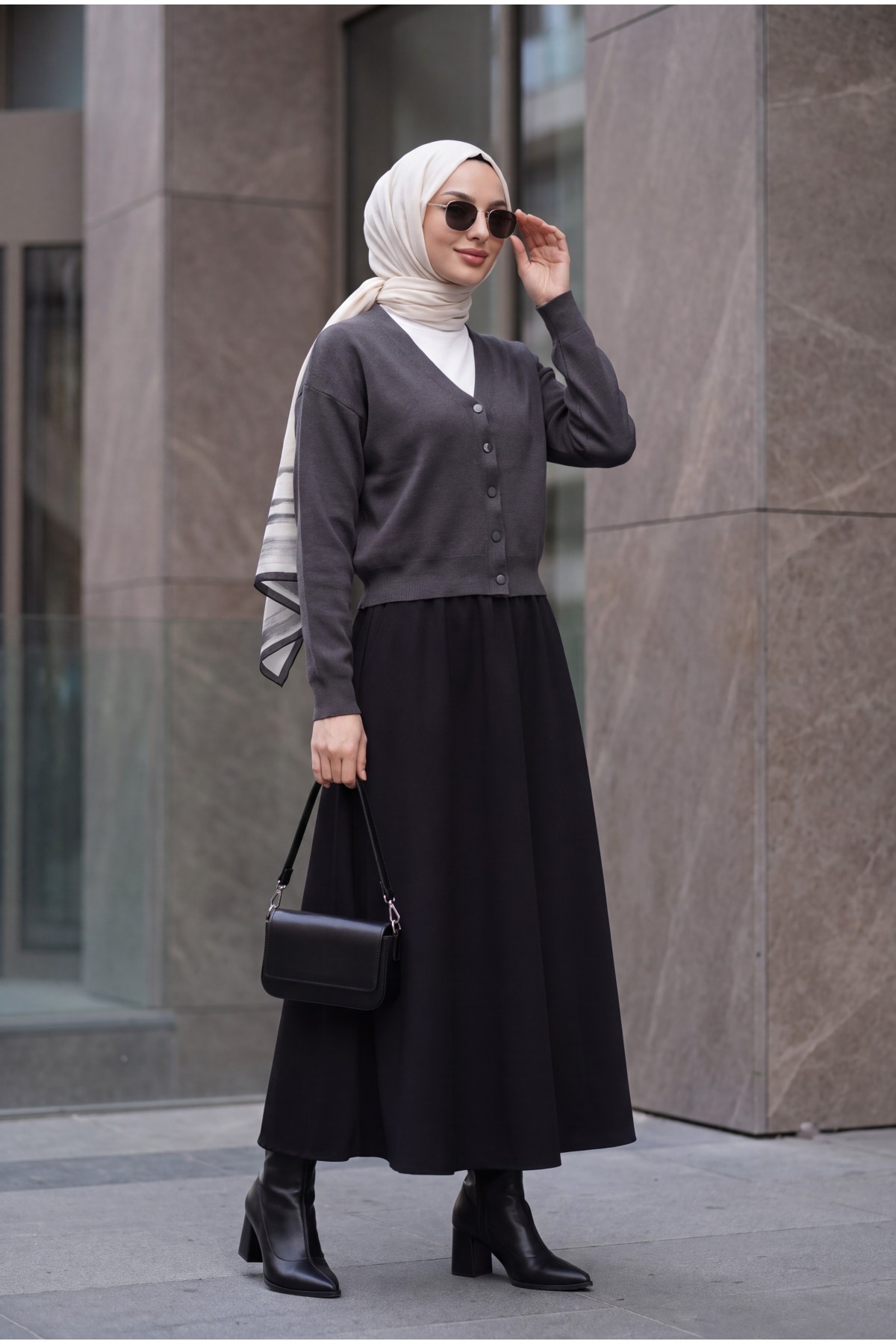 V-Neck Button-Front Knit Cardigan -Smoked 
