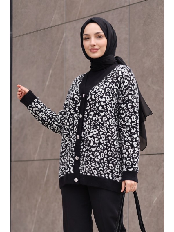 Leopar Desen Düğmeli Oversize Sakallı Triko Hırka -Siyah