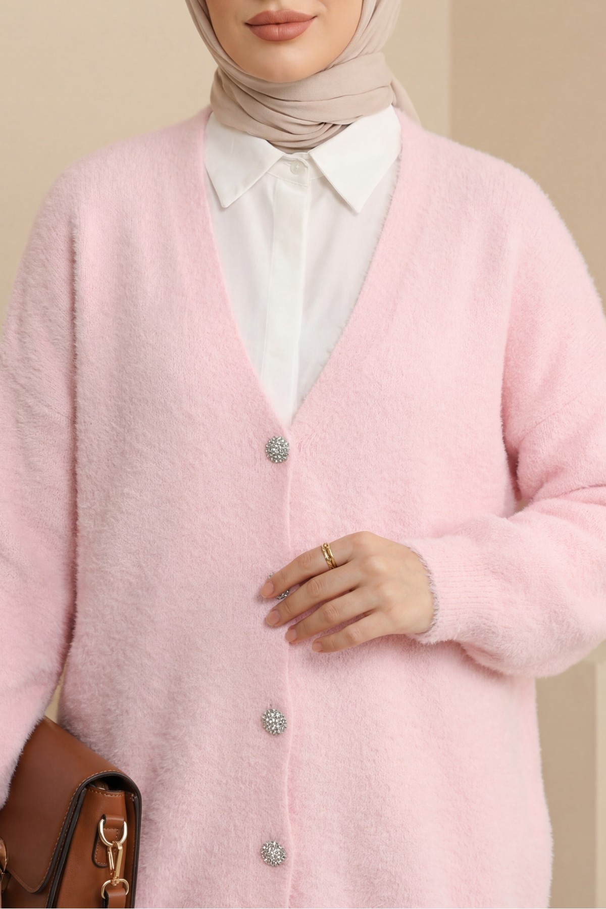 Önü Düğmeli Sakallı Salaş Triko Hırka    -Pudra