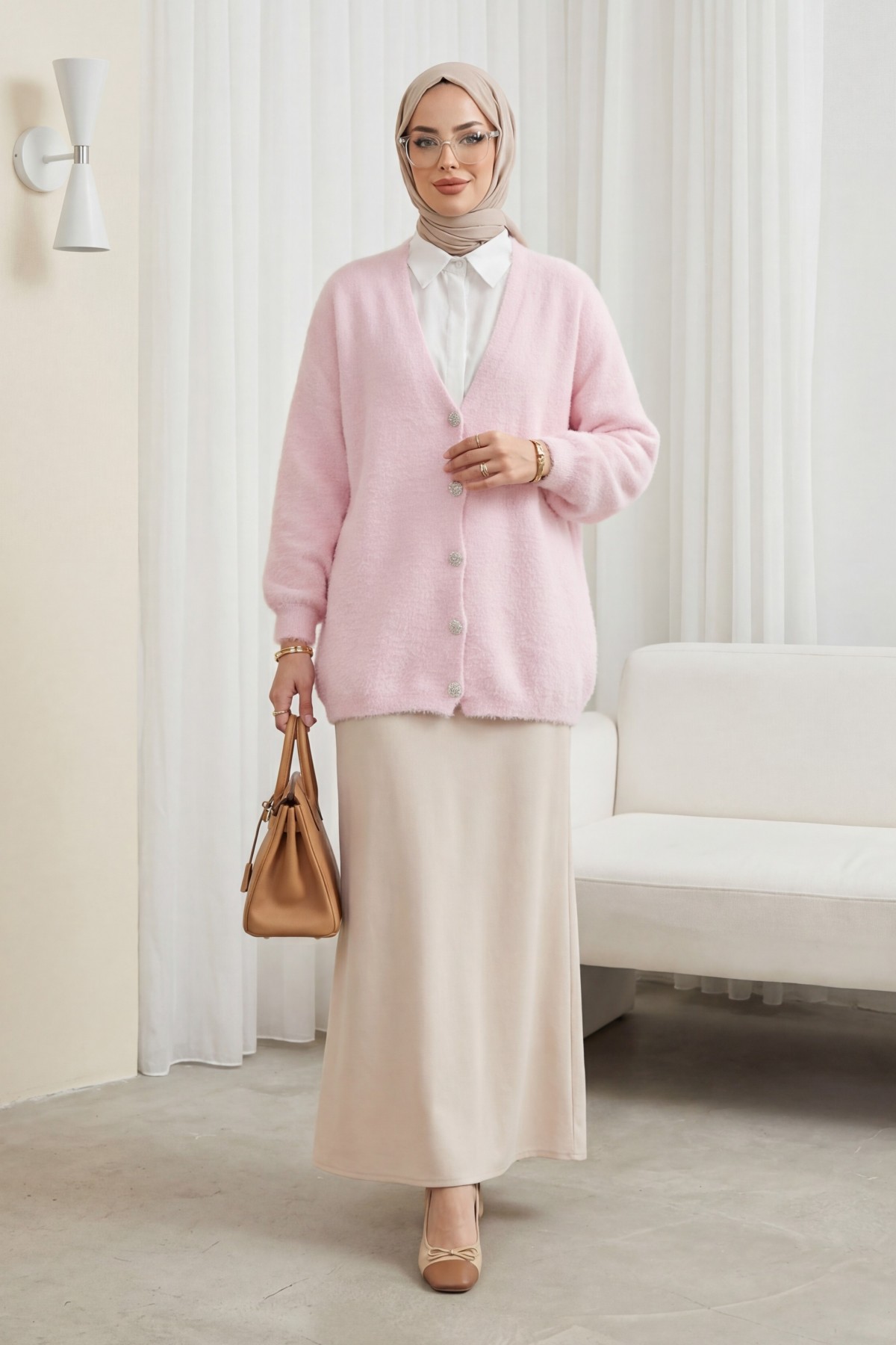 Önü Düğmeli Sakallı Salaş Triko Hırka    -Pudra