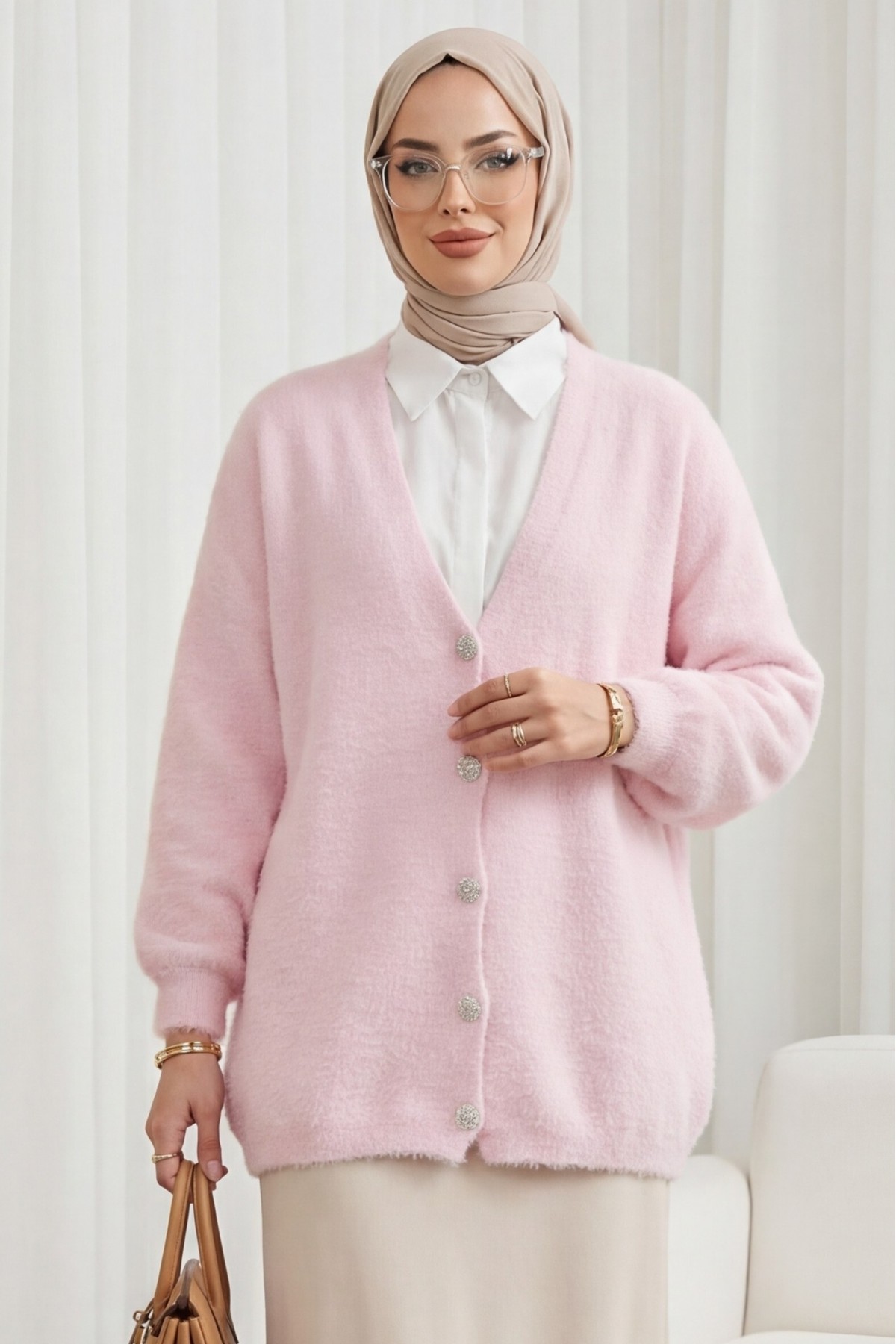 Önü Düğmeli Sakallı Salaş Triko Hırka    -Pudra