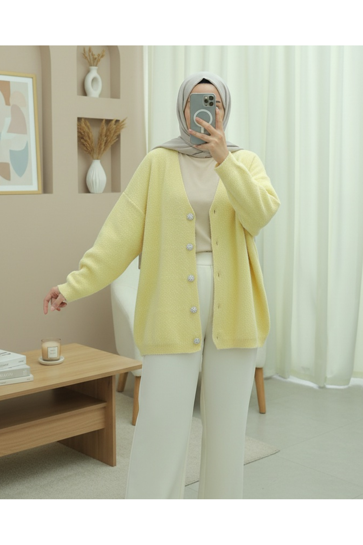 Önü Düğmeli Sakallı Salaş Triko Hırka   -Sarı