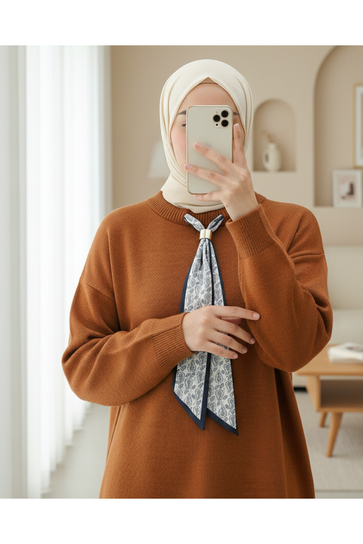 Round Neck Scarfed Casual Knit Tunic -Brick color