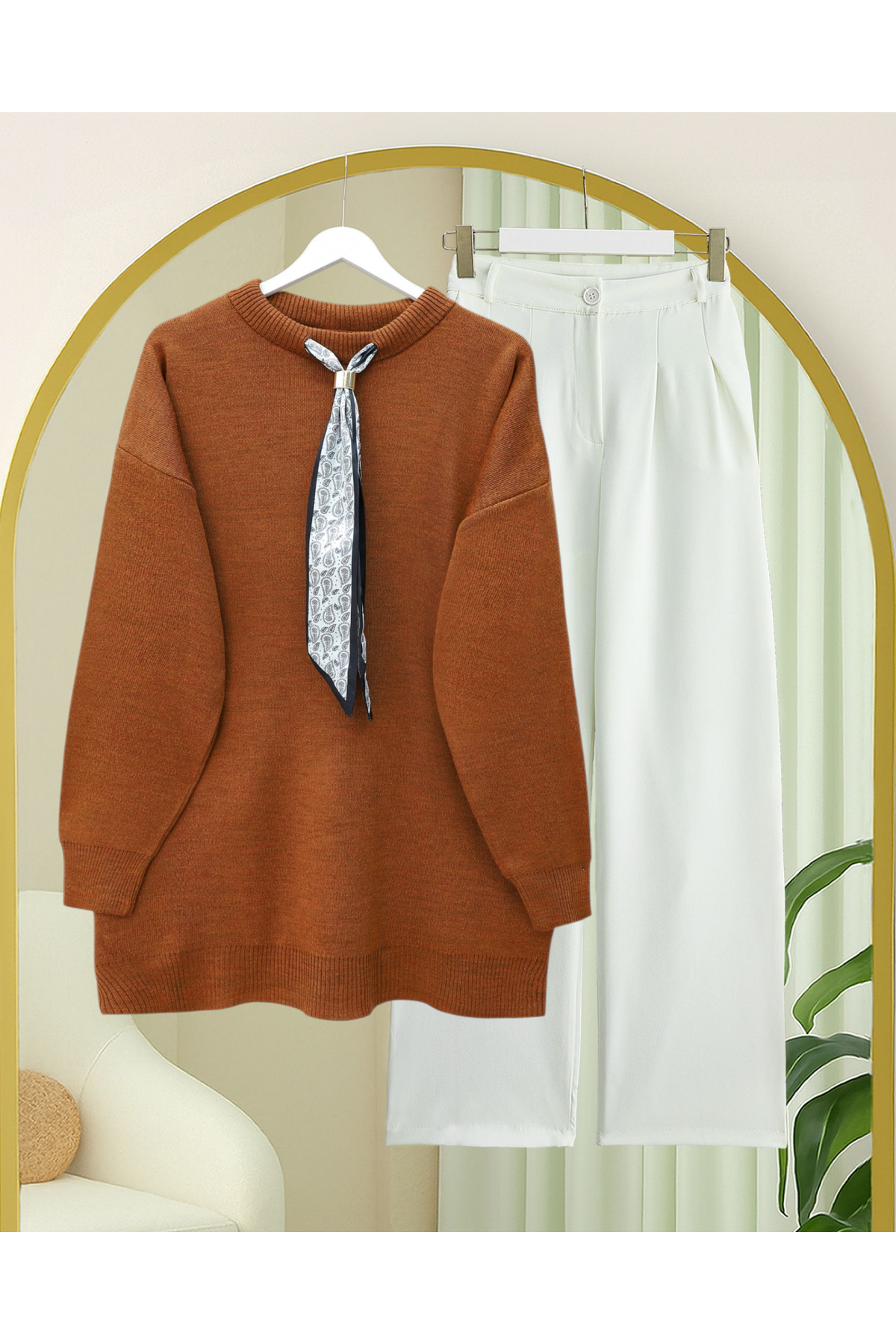 Round Neck Scarfed Casual Knit Tunic -Brick color
