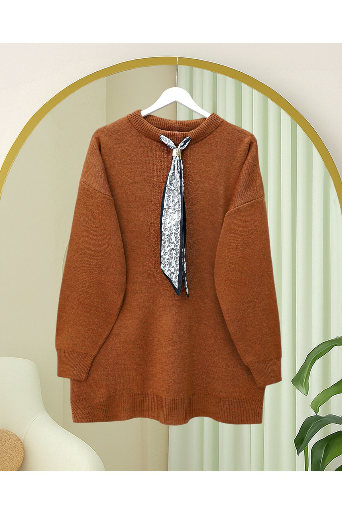 Round Neck Scarfed Casual Knit Tunic -Brick color
