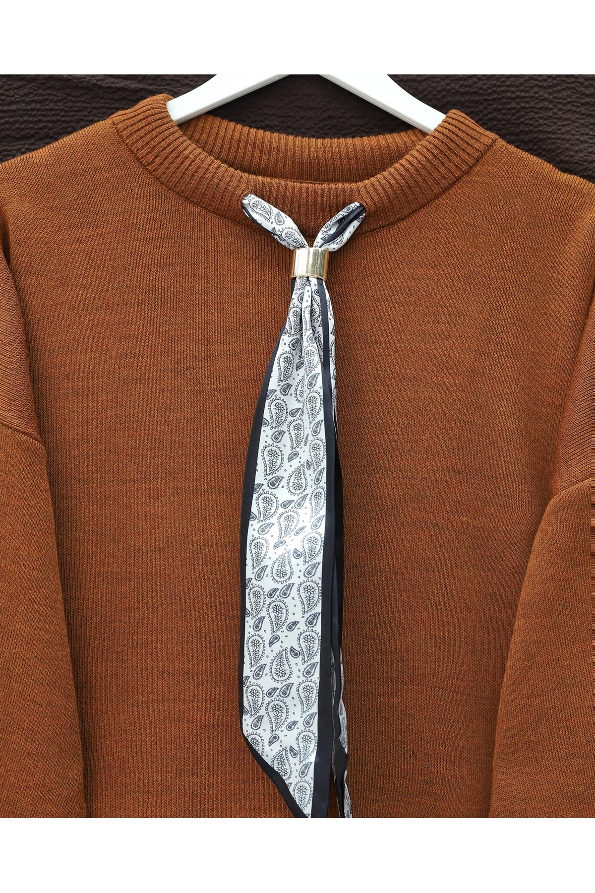 Round Neck Scarfed Casual Knit Tunic -Brick color