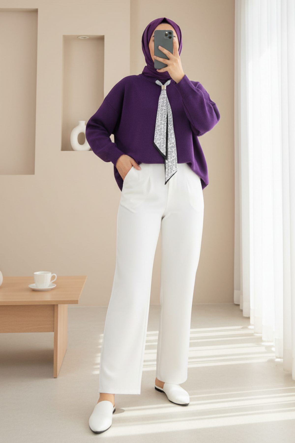 Yuvarlak Yaka Fularlı Salaş Triko Tunik -Mor