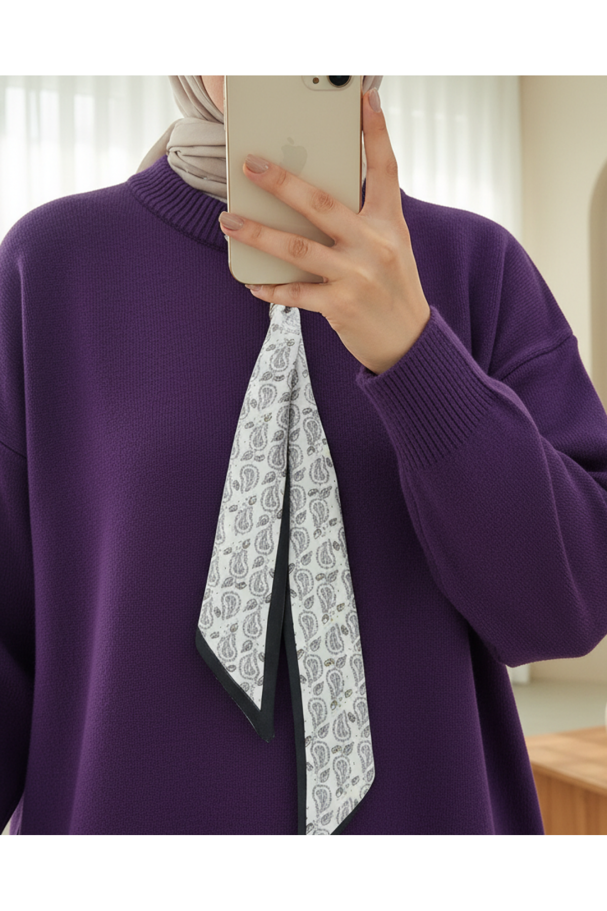 Yuvarlak Yaka Fularlı Salaş Triko Tunik -Mor