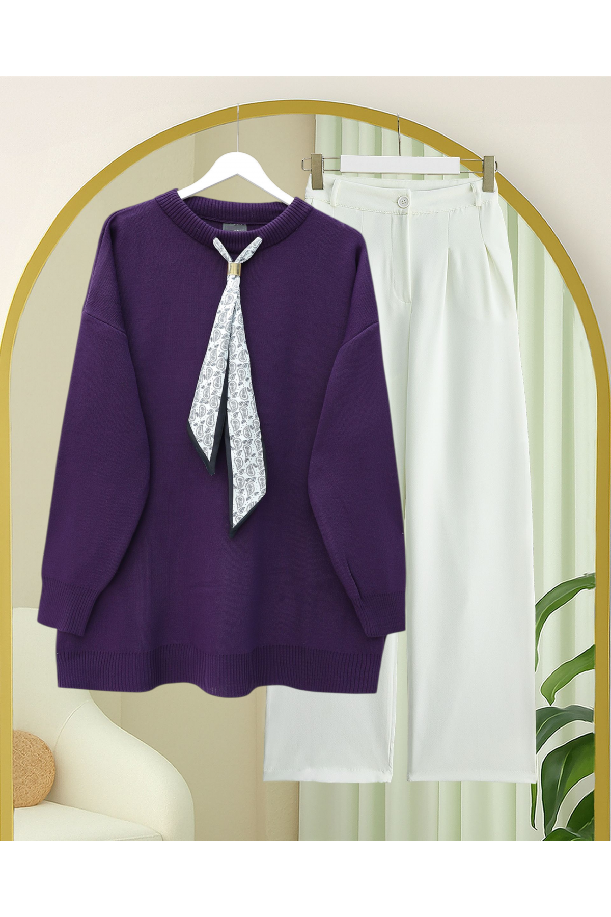 Yuvarlak Yaka Fularlı Salaş Triko Tunik -Mor