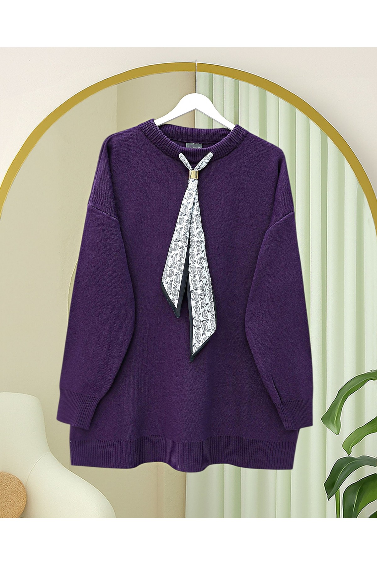 Yuvarlak Yaka Fularlı Salaş Triko Tunik -Mor