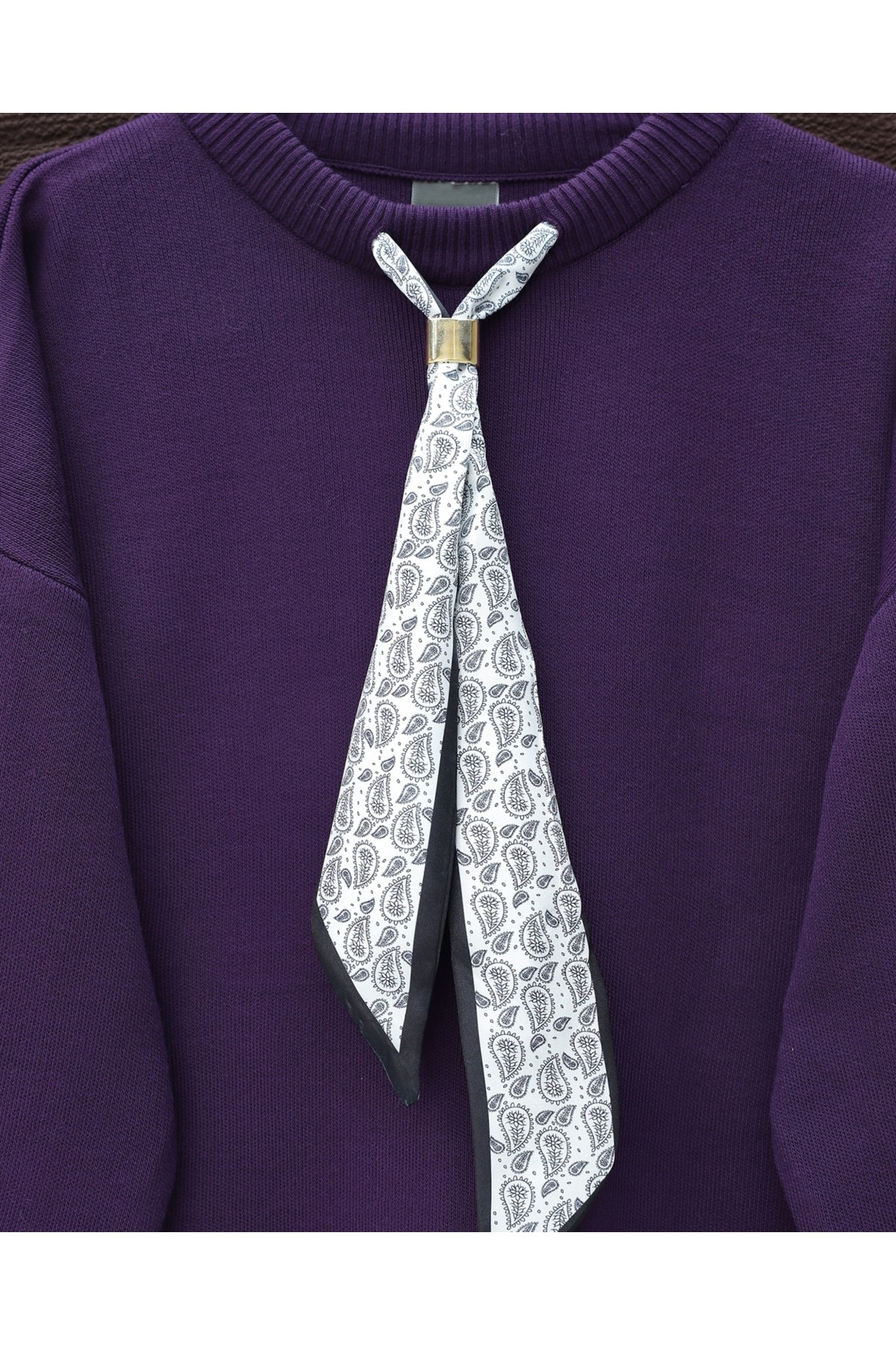 Yuvarlak Yaka Fularlı Salaş Triko Tunik -Mor