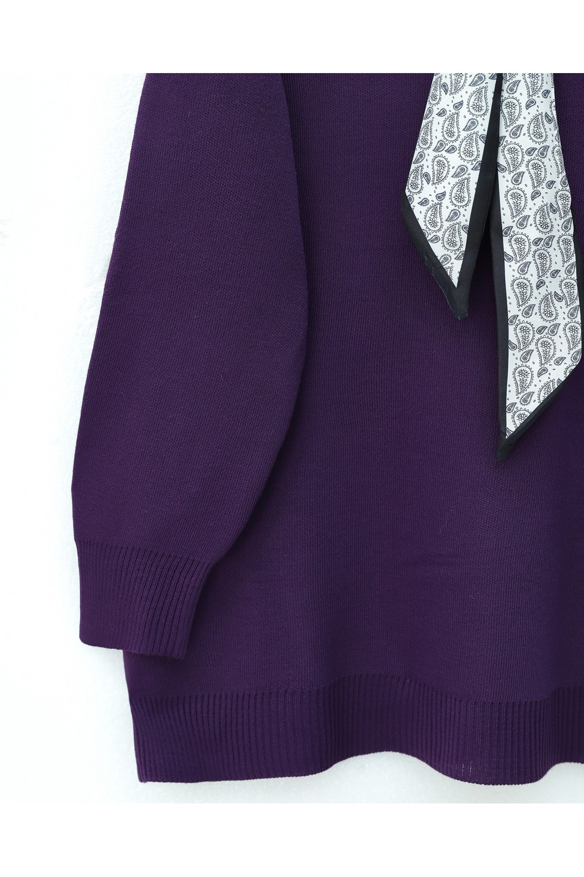 Yuvarlak Yaka Fularlı Salaş Triko Tunik -Mor