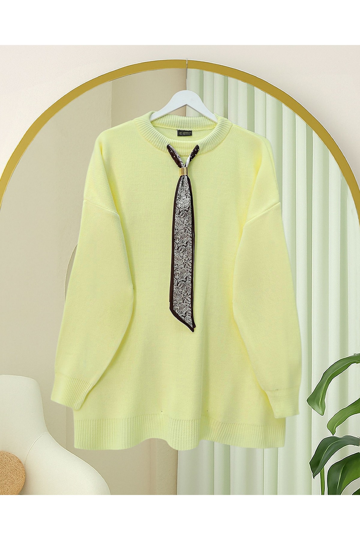 Round Neck Scarfed Casual Knit Tunic -Light yellow