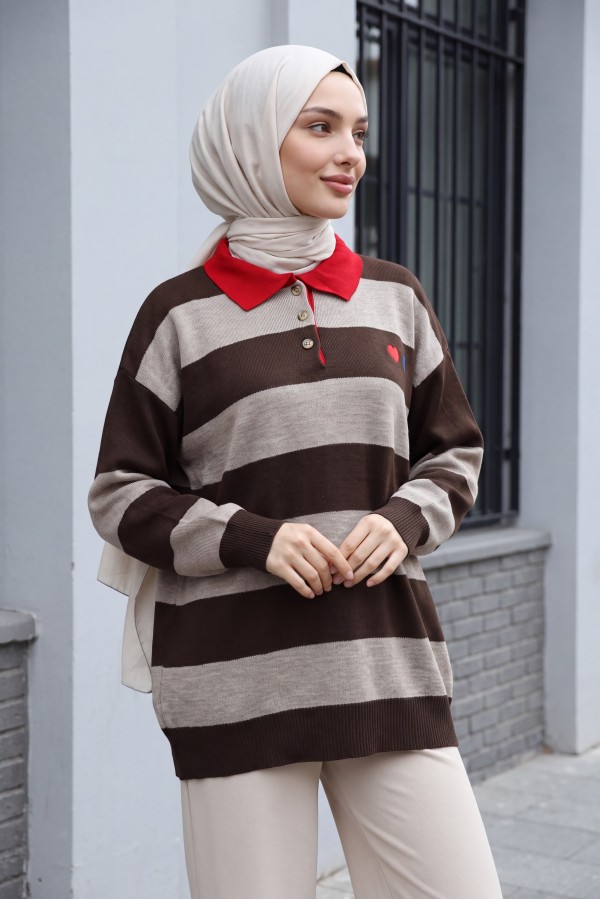 Shirt Collar Buttoned Heart Embroidered Knitted Tunic  -Mink color