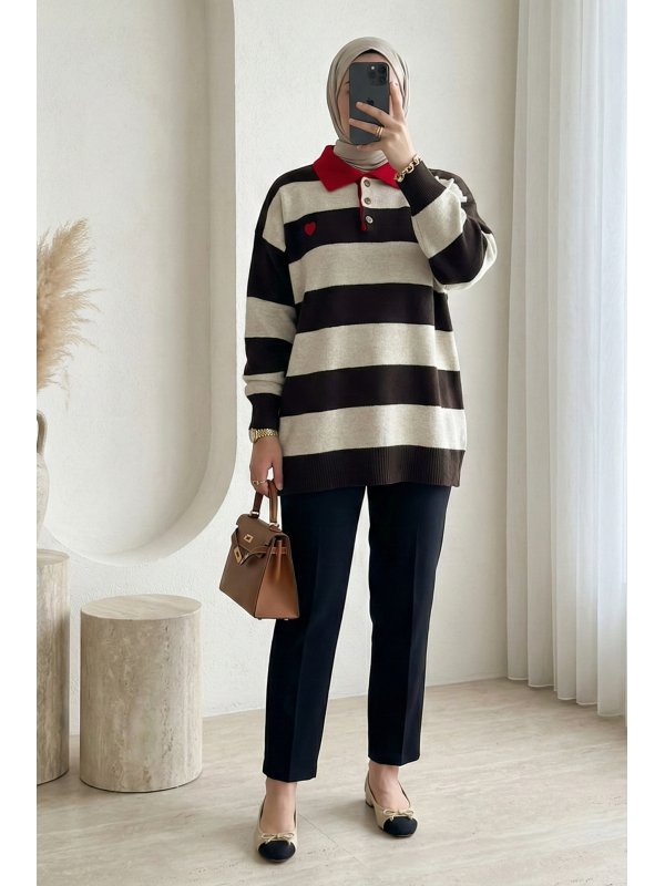 Gömlek Yaka Düğmeli Kalp Nakışlı Triko Tunik -K. Kahve