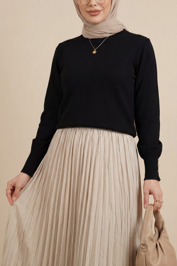 Yuvarlak Yaka Kolu Düğme Detaylı Triko Tunik  -Siyah