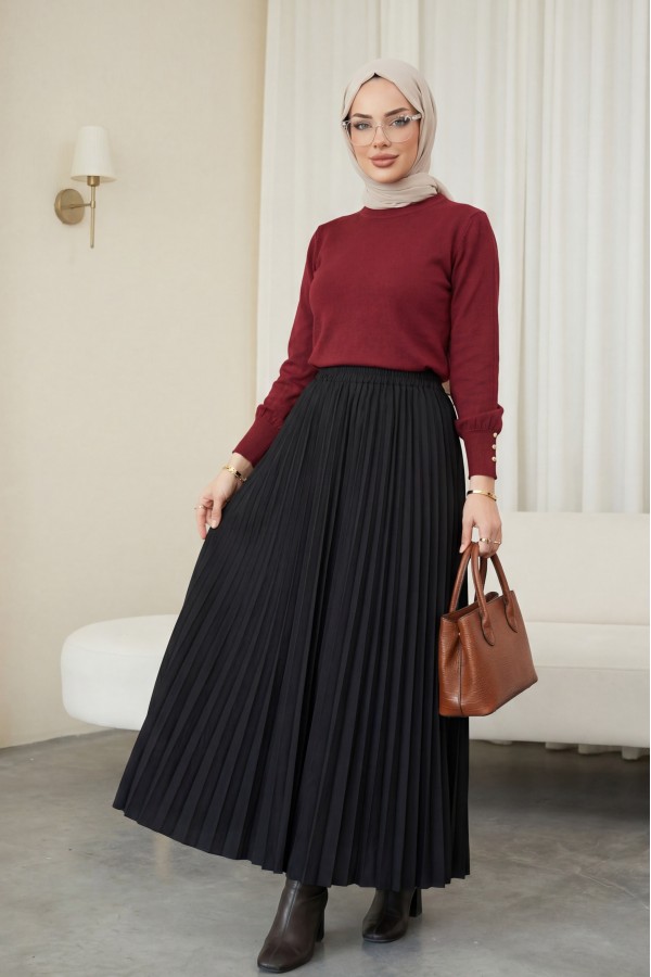 Yuvarlak Yaka Kolu Düğme Detaylı Triko Tunik  -Bordo