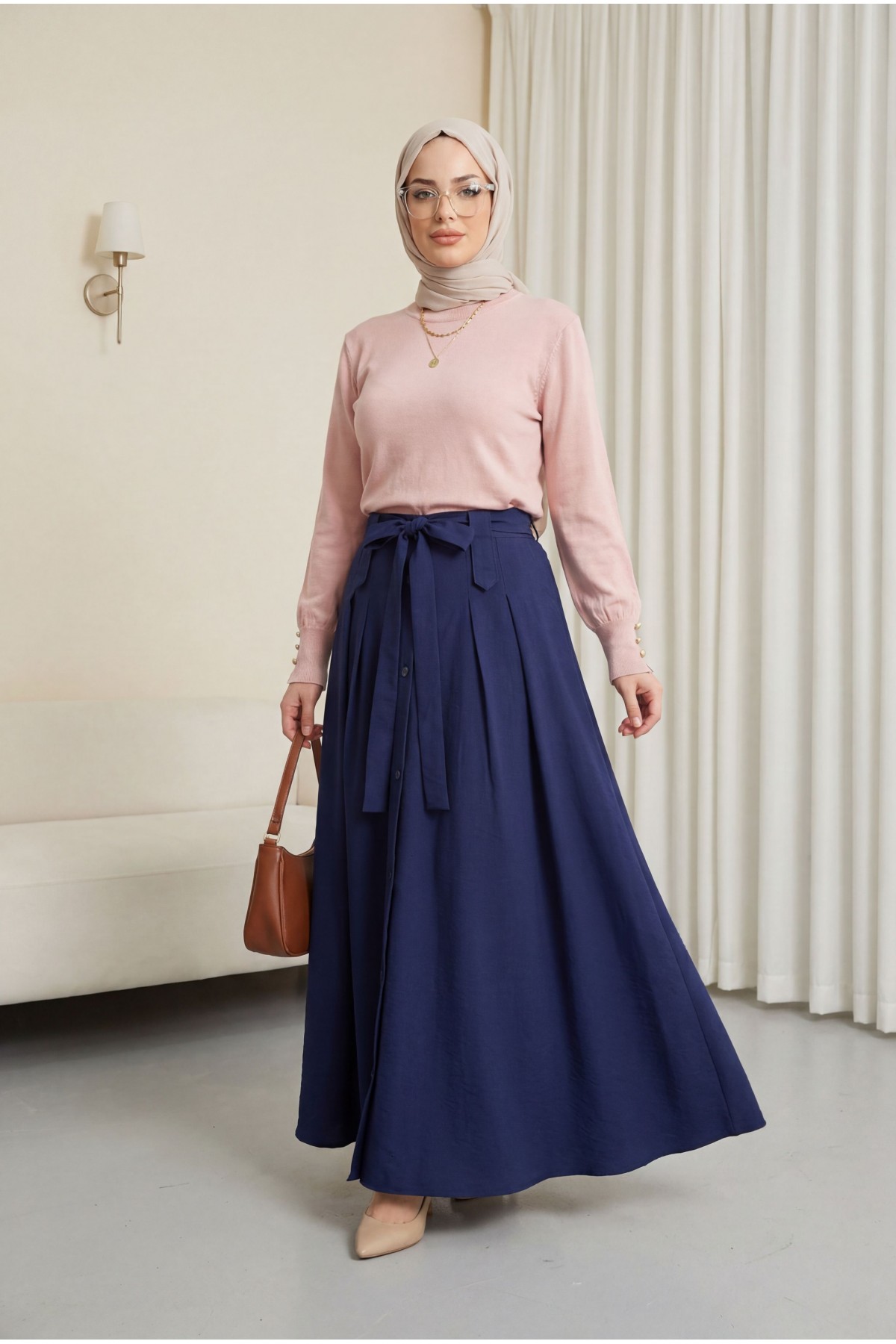 Yuvarlak Yaka Kolu Düğme Detaylı Triko Tunik   -Pudra