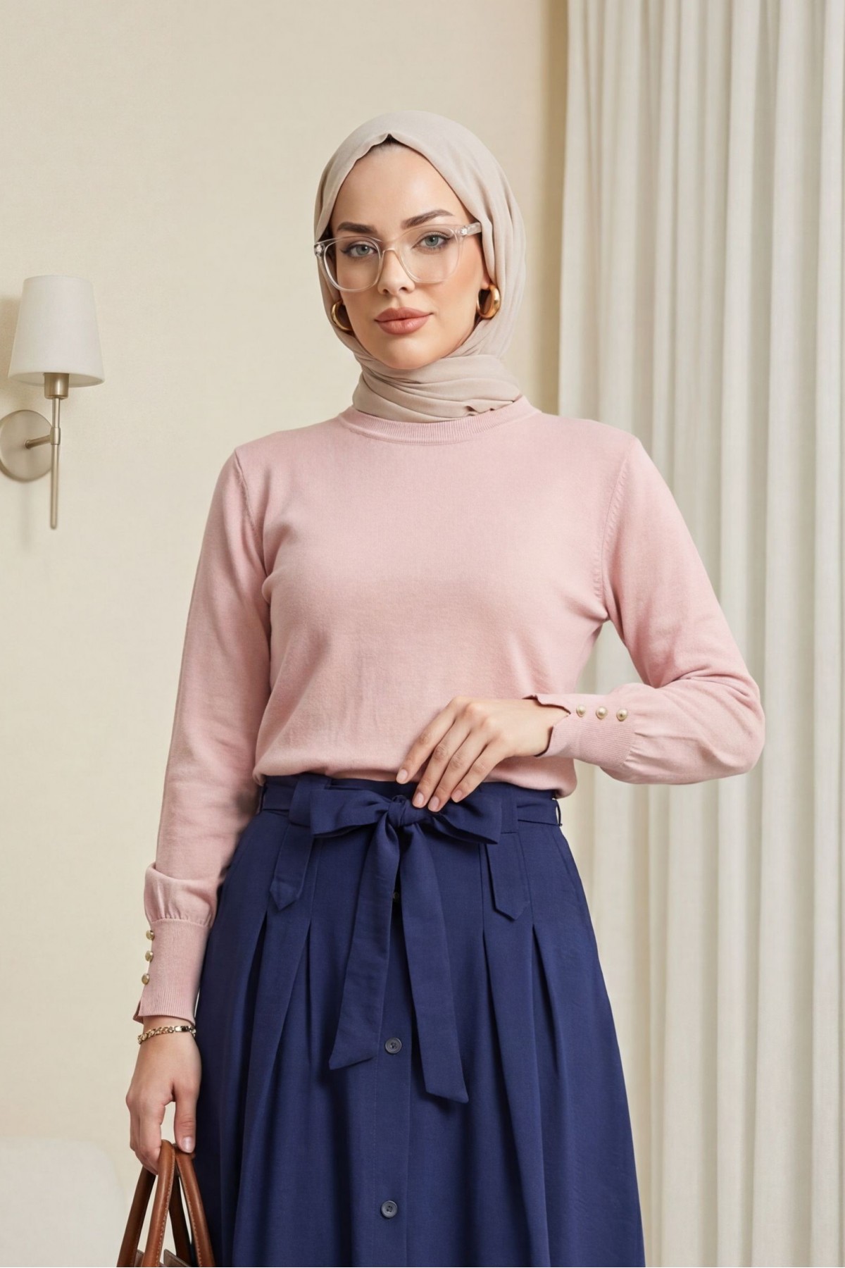 Yuvarlak Yaka Kolu Düğme Detaylı Triko Tunik   -Pudra