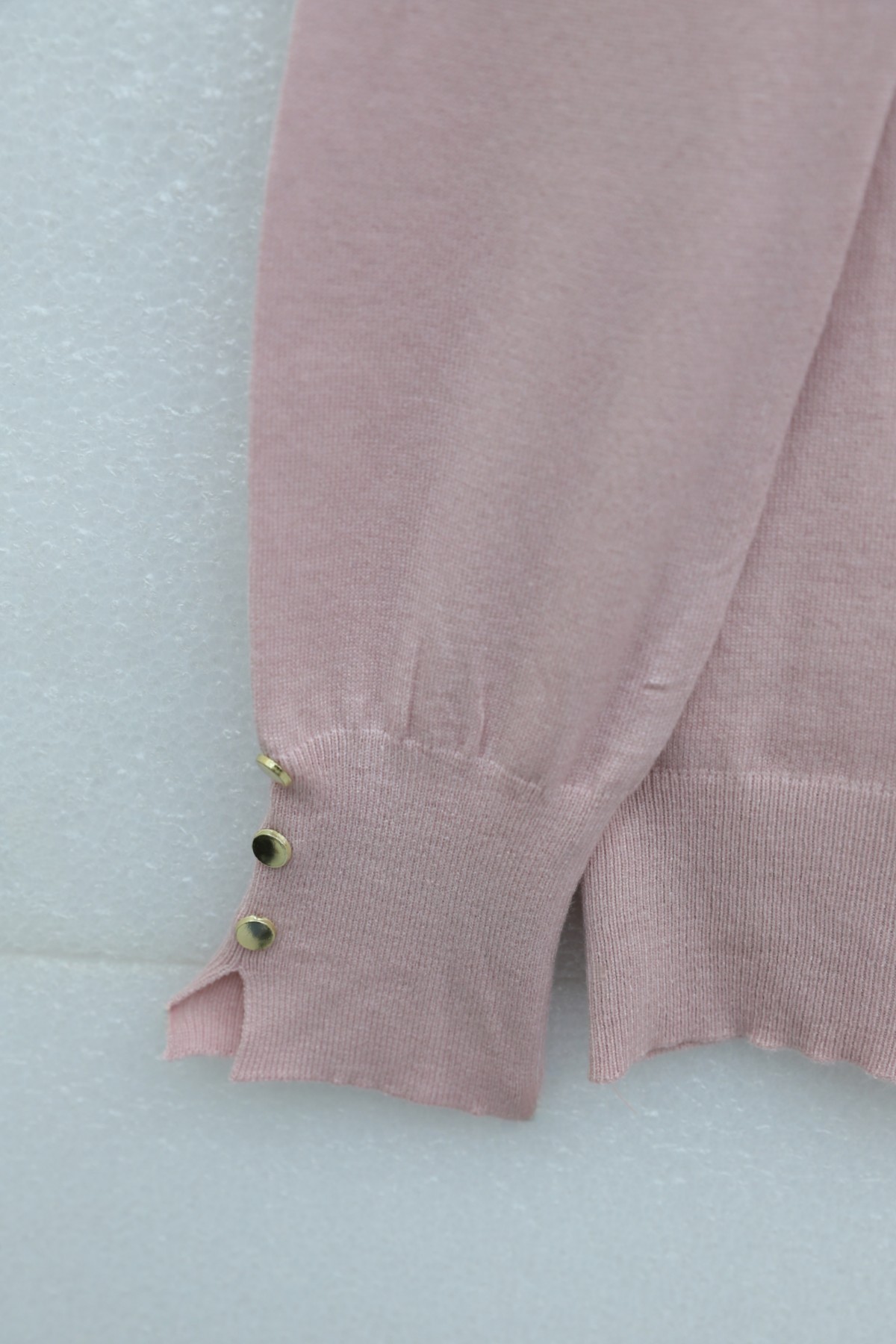 Yuvarlak Yaka Kolu Düğme Detaylı Triko Tunik   -Pudra