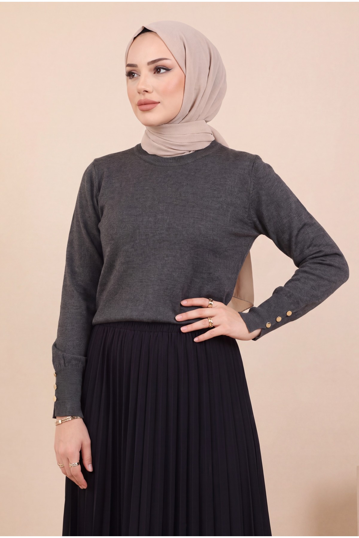 Round Neck Knitted Tunic with Button Detail on Sleeves -Smoked 