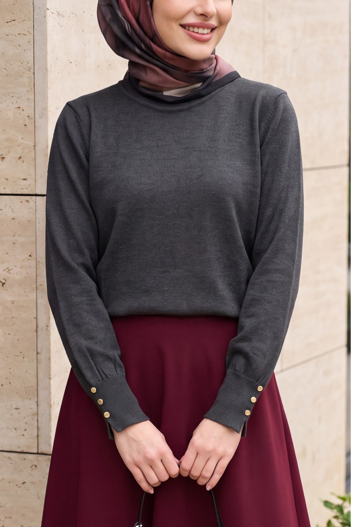 Round Neck Knitted Tunic with Button Detail on Sleeves -Smoked 
