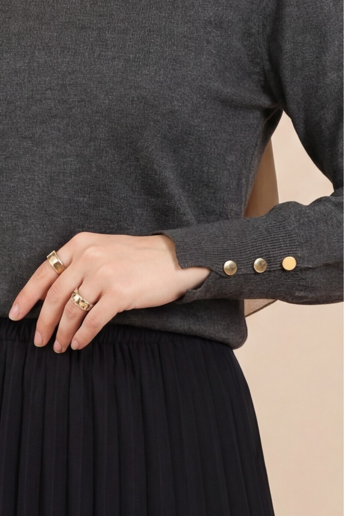 Round Neck Knitted Tunic with Button Detail on Sleeves -Smoked 