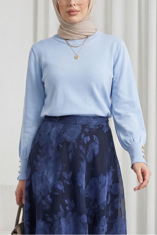 Yuvarlak Yaka Kolu Düğme Detaylı Triko Tunik   -Bebe Mavi