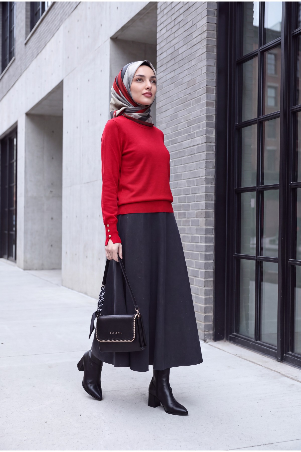 Round Neck Knitted Tunic with Button Detail on Sleeves   -Red