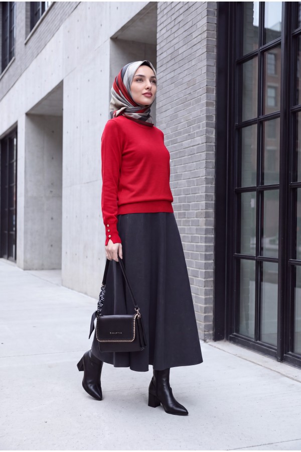 Round Neck Knitted Tunic with Button Detail on Sleeves   -Red