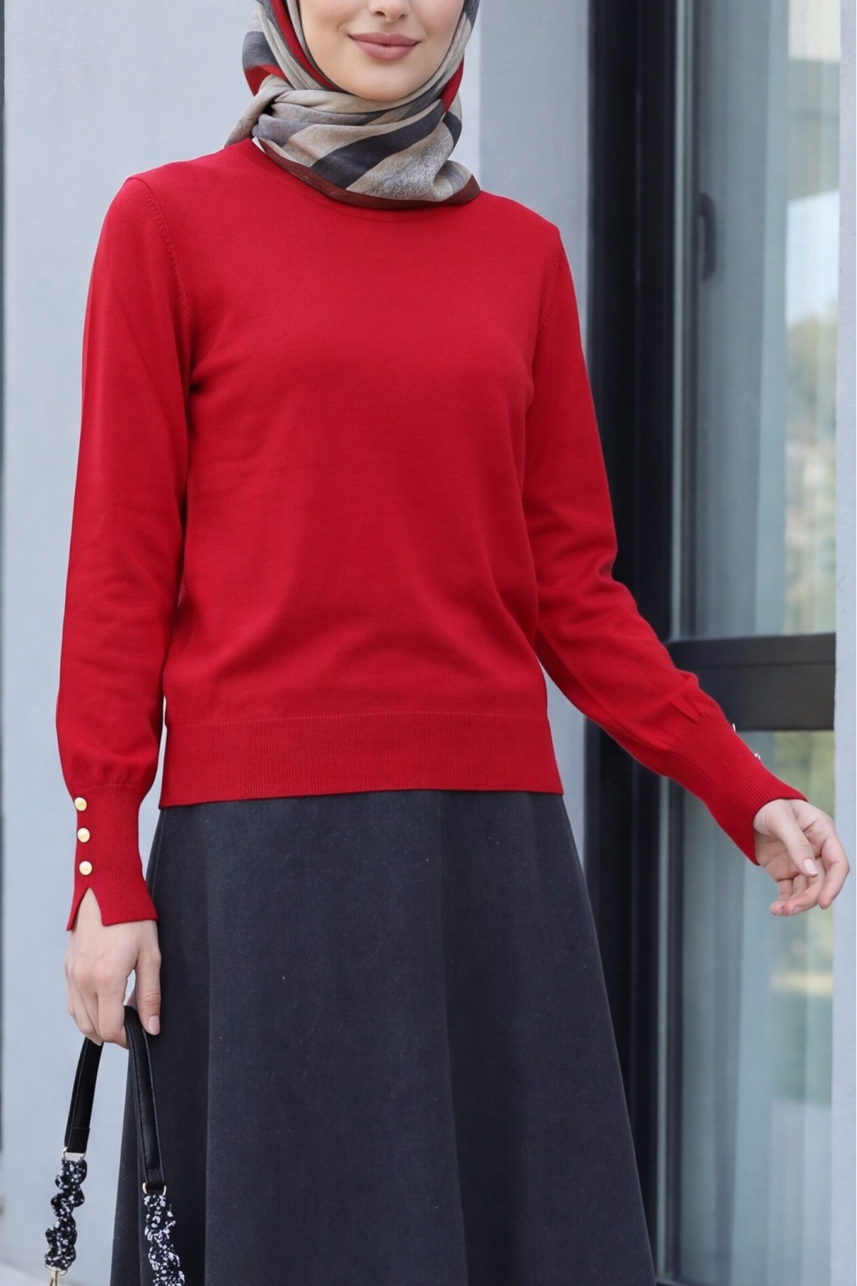 Round Neck Knitted Tunic with Button Detail on Sleeves   -Red