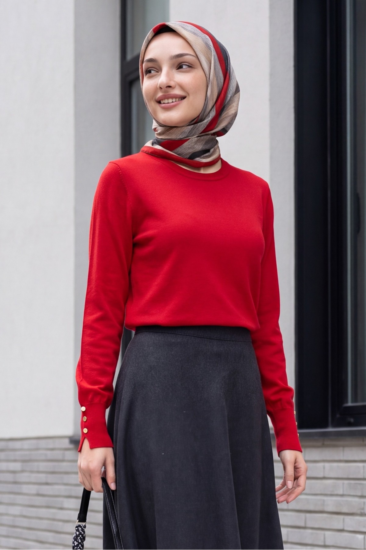 Round Neck Knitted Tunic with Button Detail on Sleeves   -Red