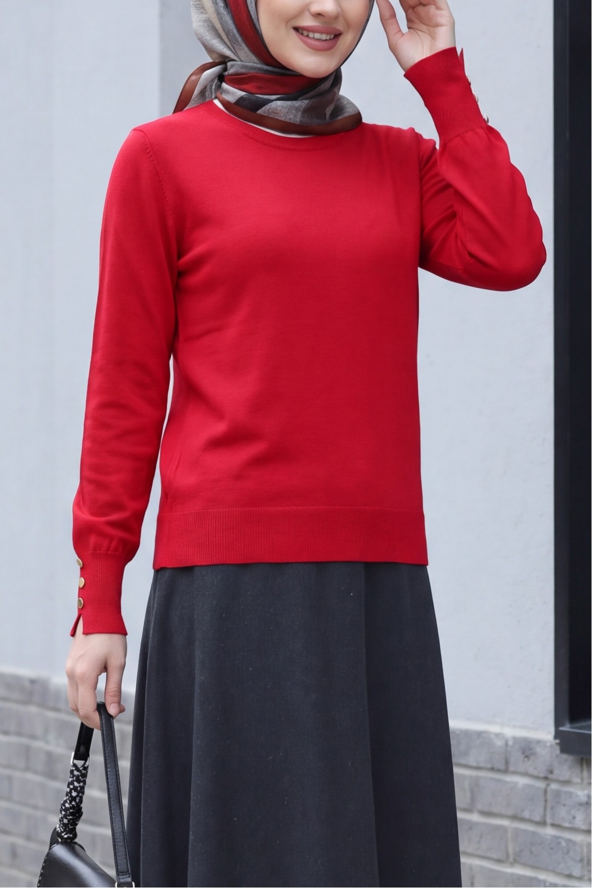 Round Neck Knitted Tunic with Button Detail on Sleeves   -Red