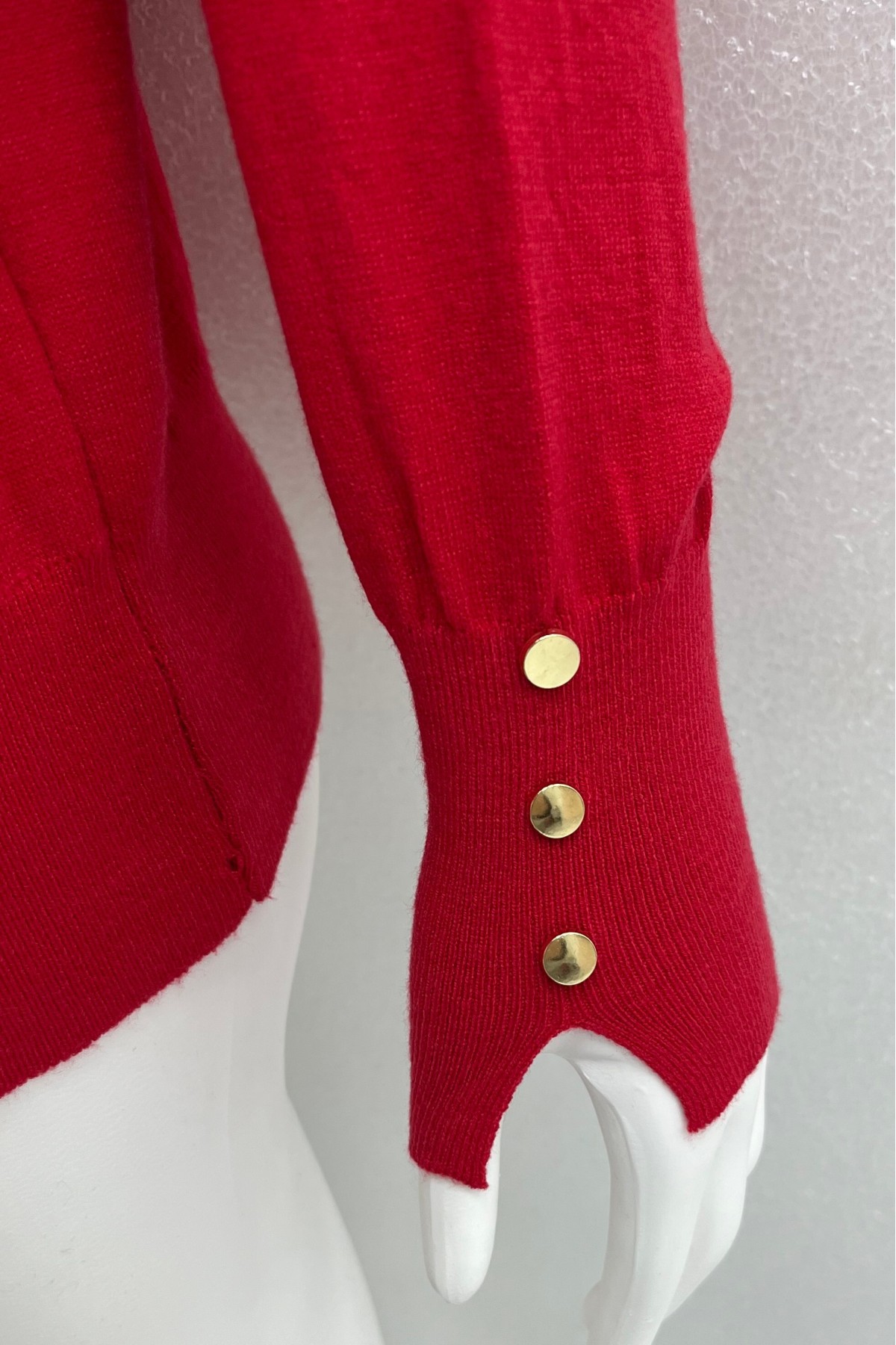 Round Neck Knitted Tunic with Button Detail on Sleeves   -Red