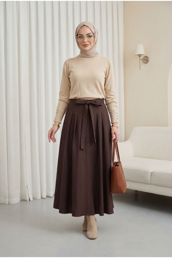 Yuvarlak Yaka Kolu Düğme Detaylı Triko Tunik   -Açık Vizon