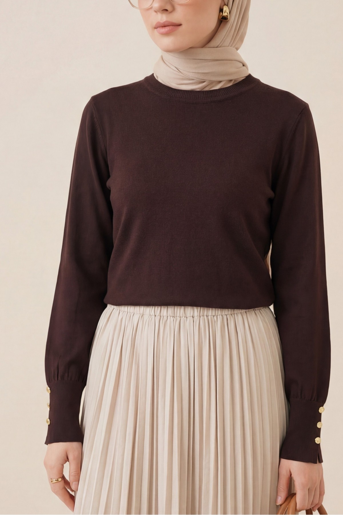 Yuvarlak Yaka Kolu Düğme Detaylı Triko Tunik  -K. Kahve