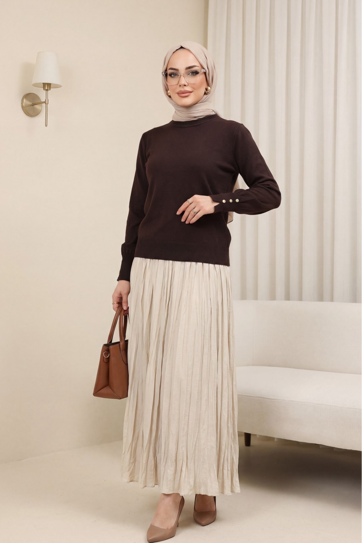 Yuvarlak Yaka Kolu Düğme Detaylı Triko Tunik  -K. Kahve