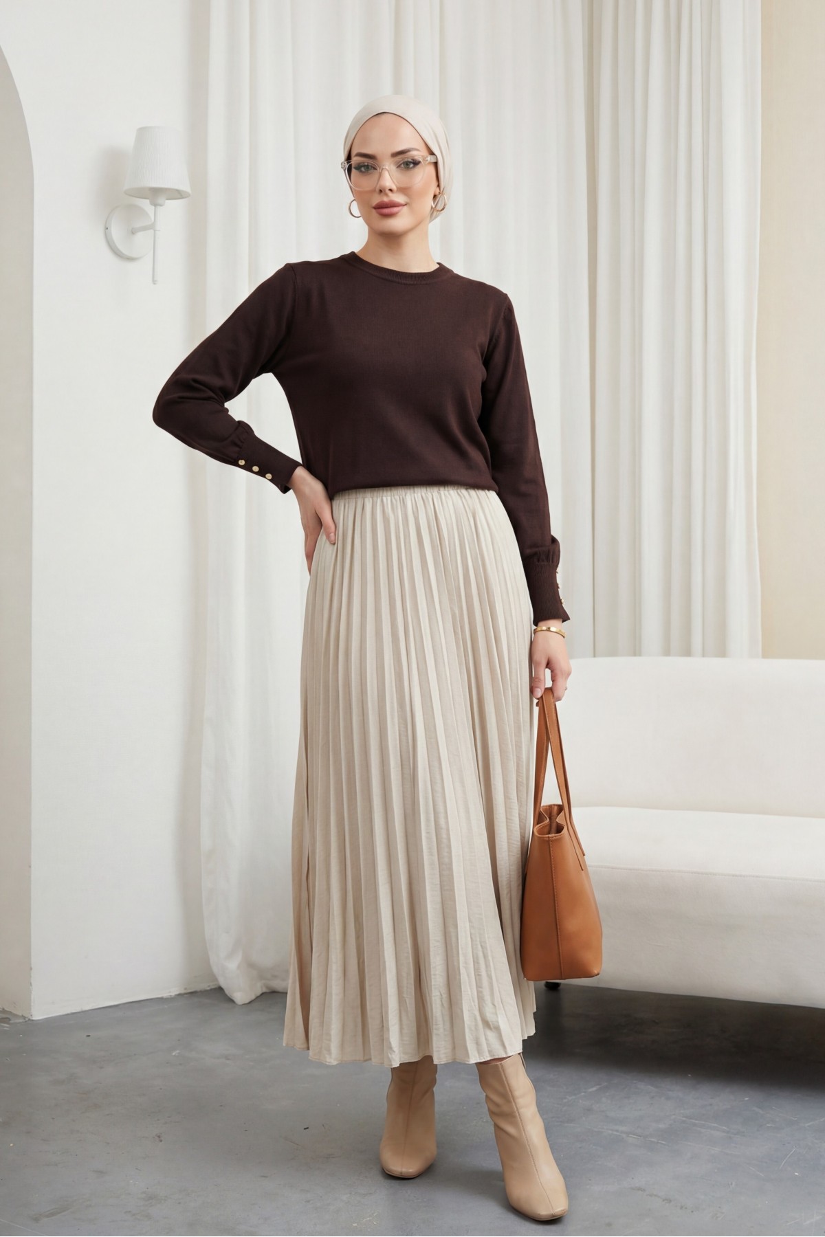 Yuvarlak Yaka Kolu Düğme Detaylı Triko Tunik  -K. Kahve