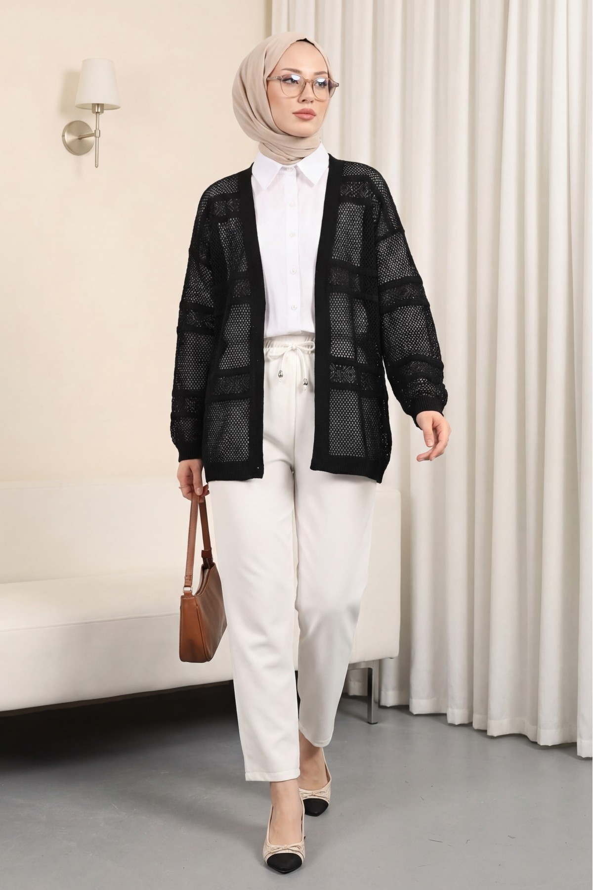 Patterned Openwork Knit Cardigan -Black