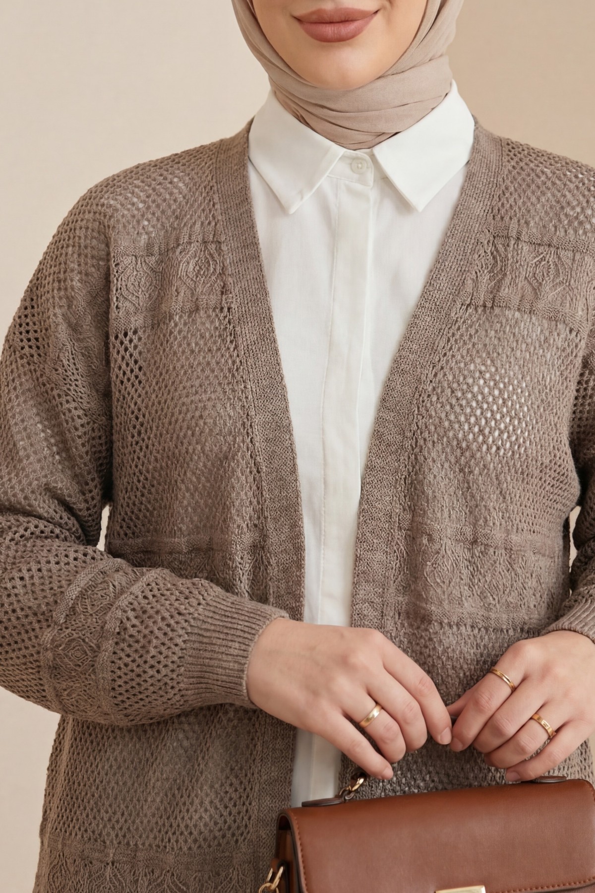Patterned Openwork Knit Cardigan  -Mink color