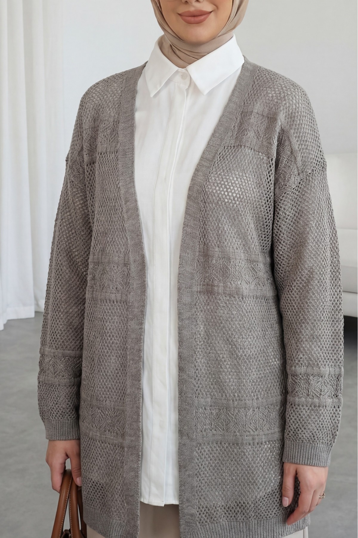 Patterned Openwork Knit Cardigan  -Mink color