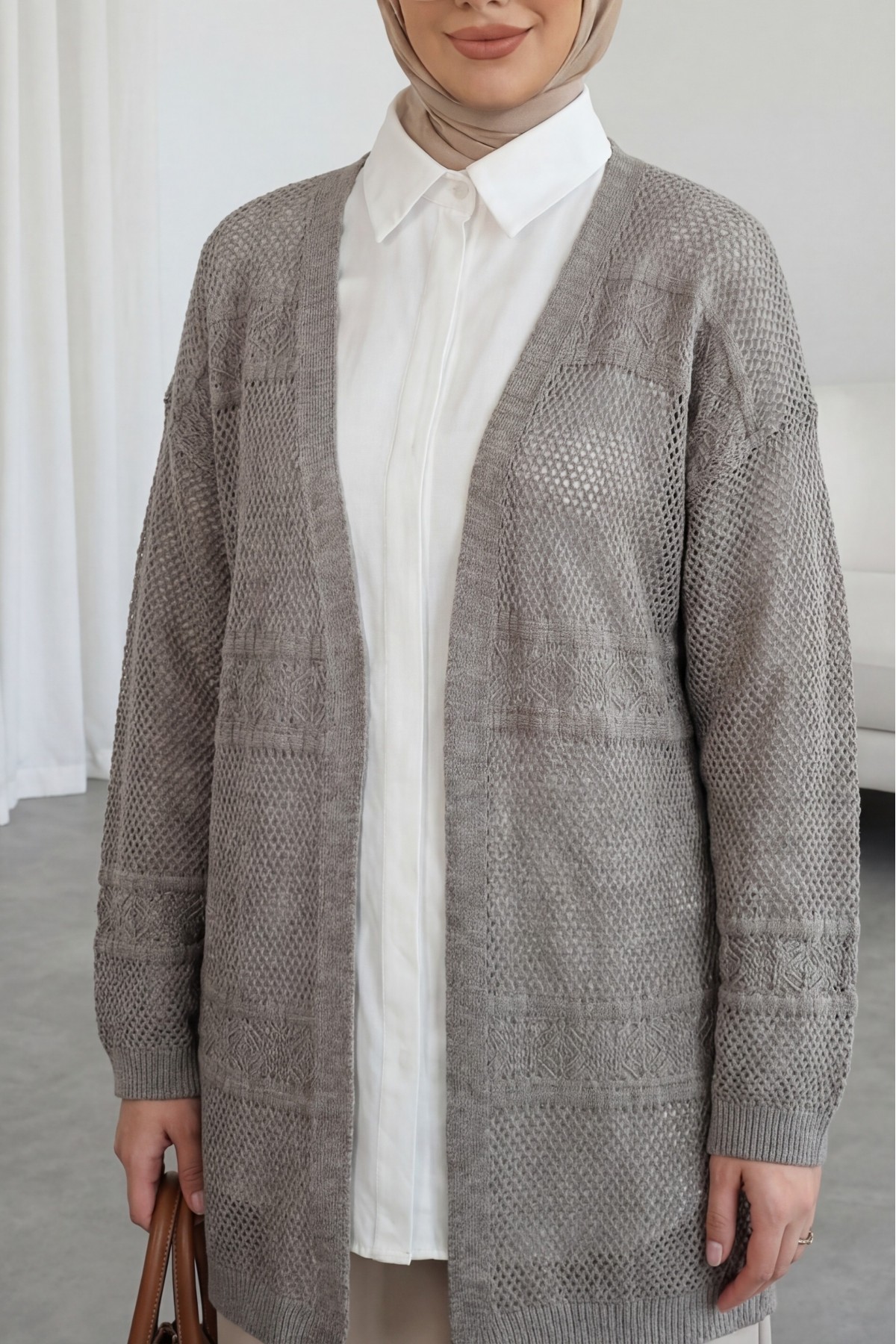 Patterned Openwork Knit Cardigan  -Mink color