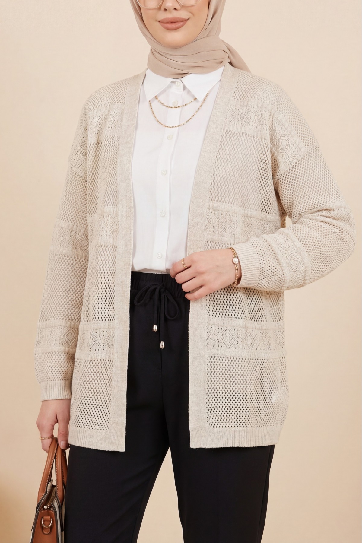 Patterned Openwork Knit Cardigan -Stone